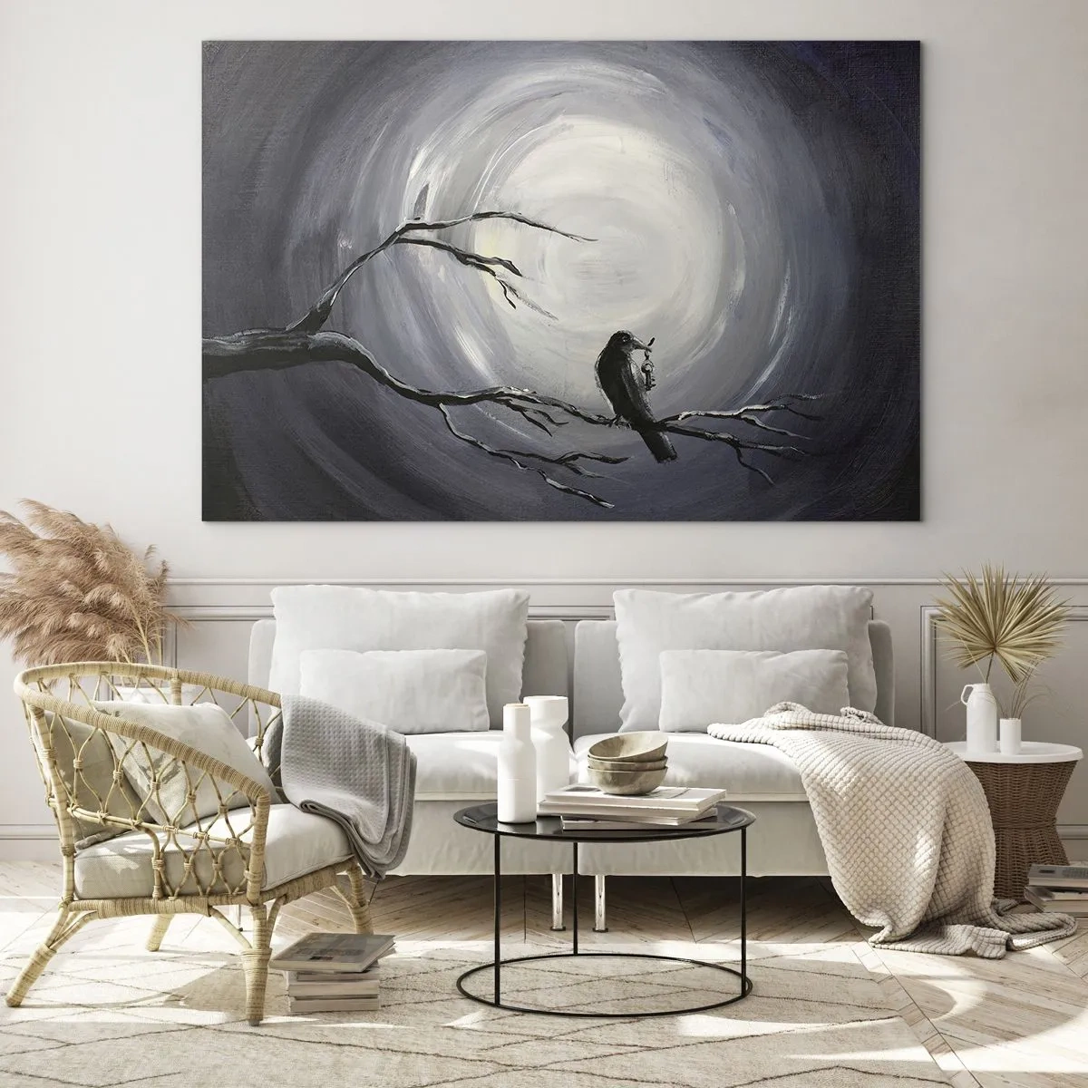 Impression sur verre - Image sur verre - Un corbeau assis sur une branche sur fond de pleine lune - 120x80cm - La clé du mystère de la nuit - Décoration murale moderne pour le salon et la chambre ARTTOR