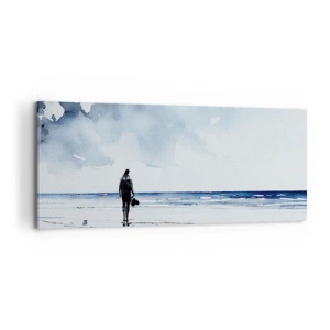 Impression sur toile - Image sur toile - Une silhouette sur une plage dans un environnement marin calme - 120x50cm - Conversation avec la mer - Décoration murale moderne pour le salon et la chambre ARTTOR