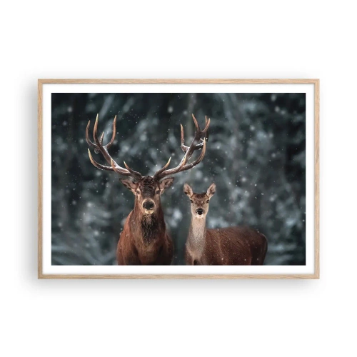 Affiche dans un chêne clair - Poster - Le roi de la forêt avec sa femme - 100x70 cm