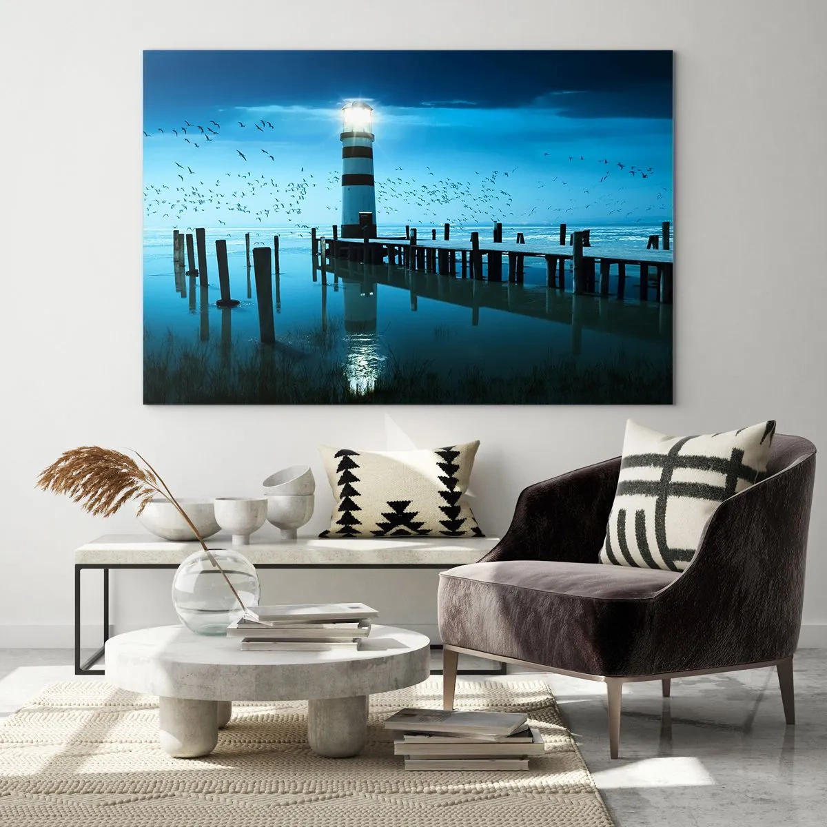 Impression sur verre - Image sur verre - Un phare entouré d'eau calme et d'oiseaux - 120x80cm - Et tu n'as pas peur du noir - Décoration murale moderne pour le salon et la chambre ARTTOR