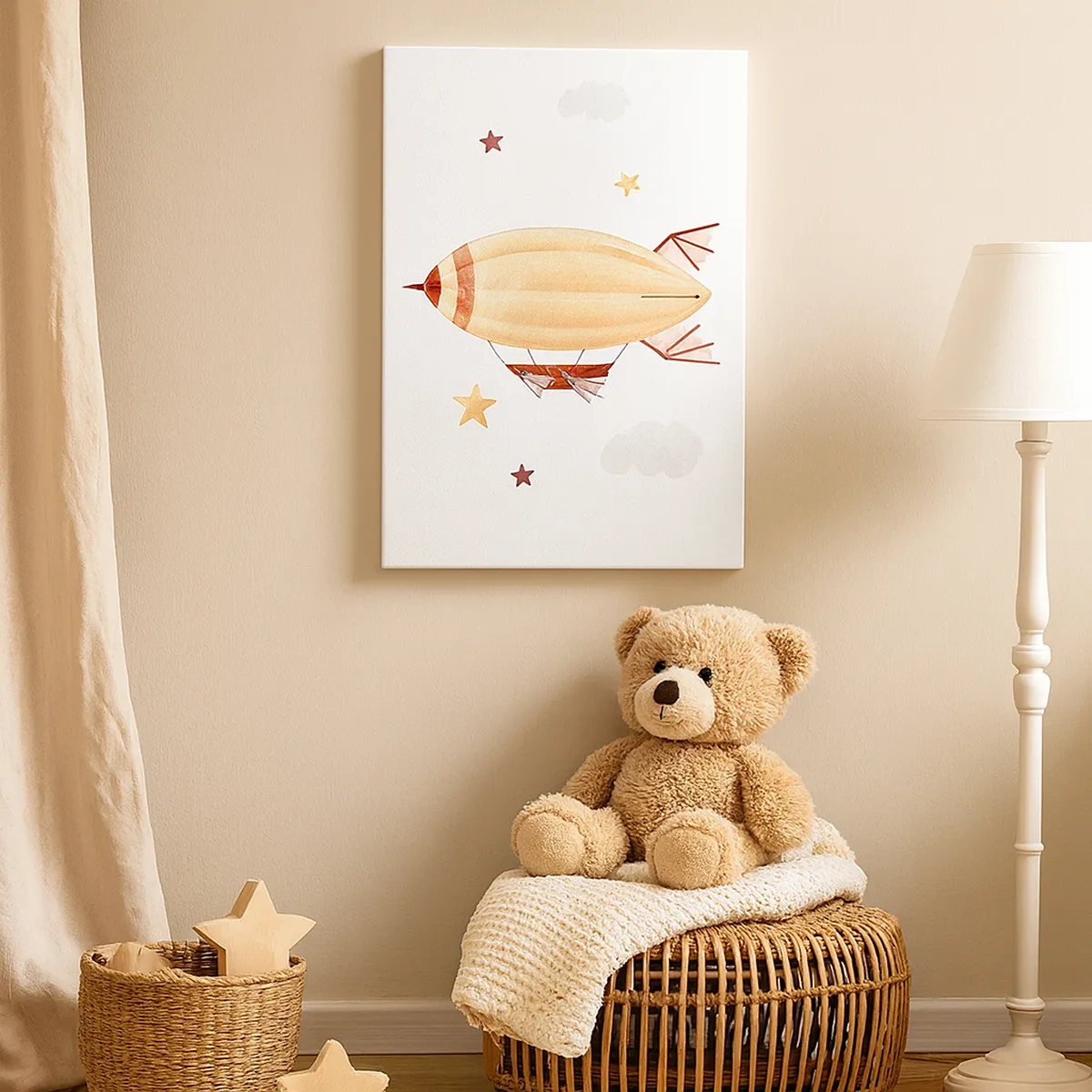 Impression sur toile - Image sur toile - Un dirigeable peint à la main sur fond d'étoiles - 50x70cm - Dirigeable - Décoration murale moderne pour le salon et la chambre ARTTOR