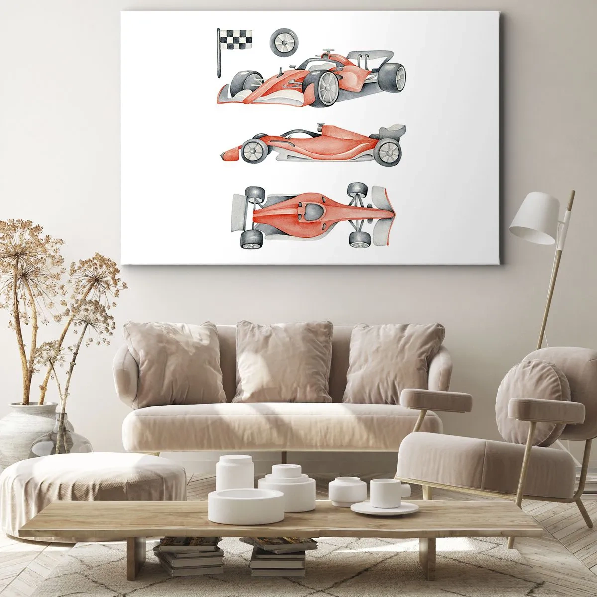 Impression sur toile - Image sur toile - Une voiture de course rouge avec un drapeau à damier - 120x80cm - poursuis ton rêve - Décoration murale moderne pour le salon et la chambre ARTTOR