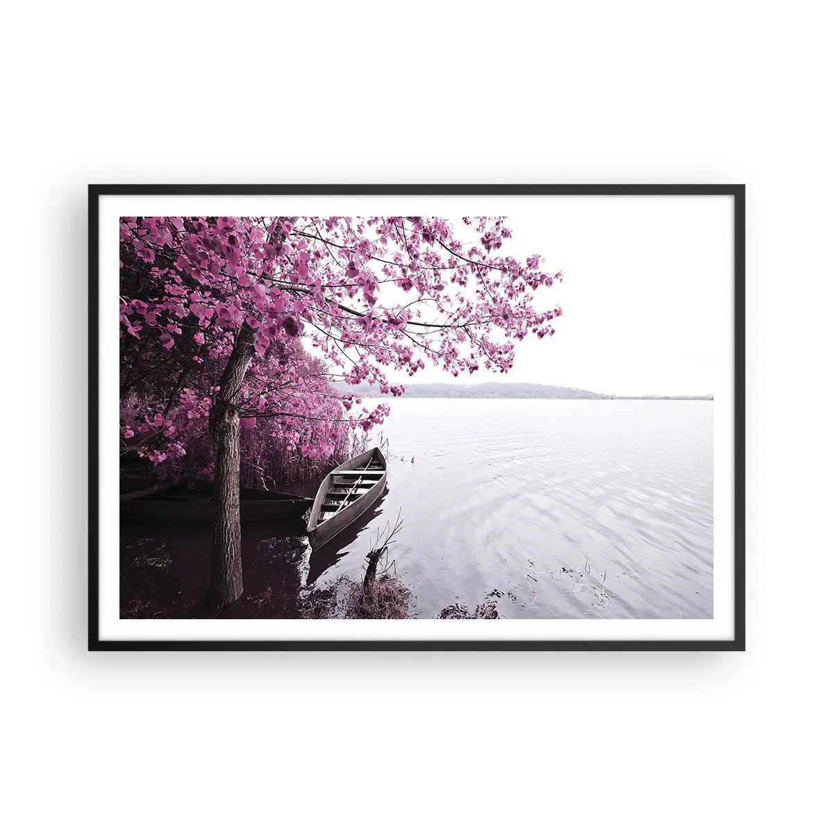 Affiche dans un cadre noir - Poster - Un bateau au bord d'un lac parmi des arbres roses - 100x70cm - Dans un silence rose - Décoration murale moderne pour le salon et la chambre ARTTOR