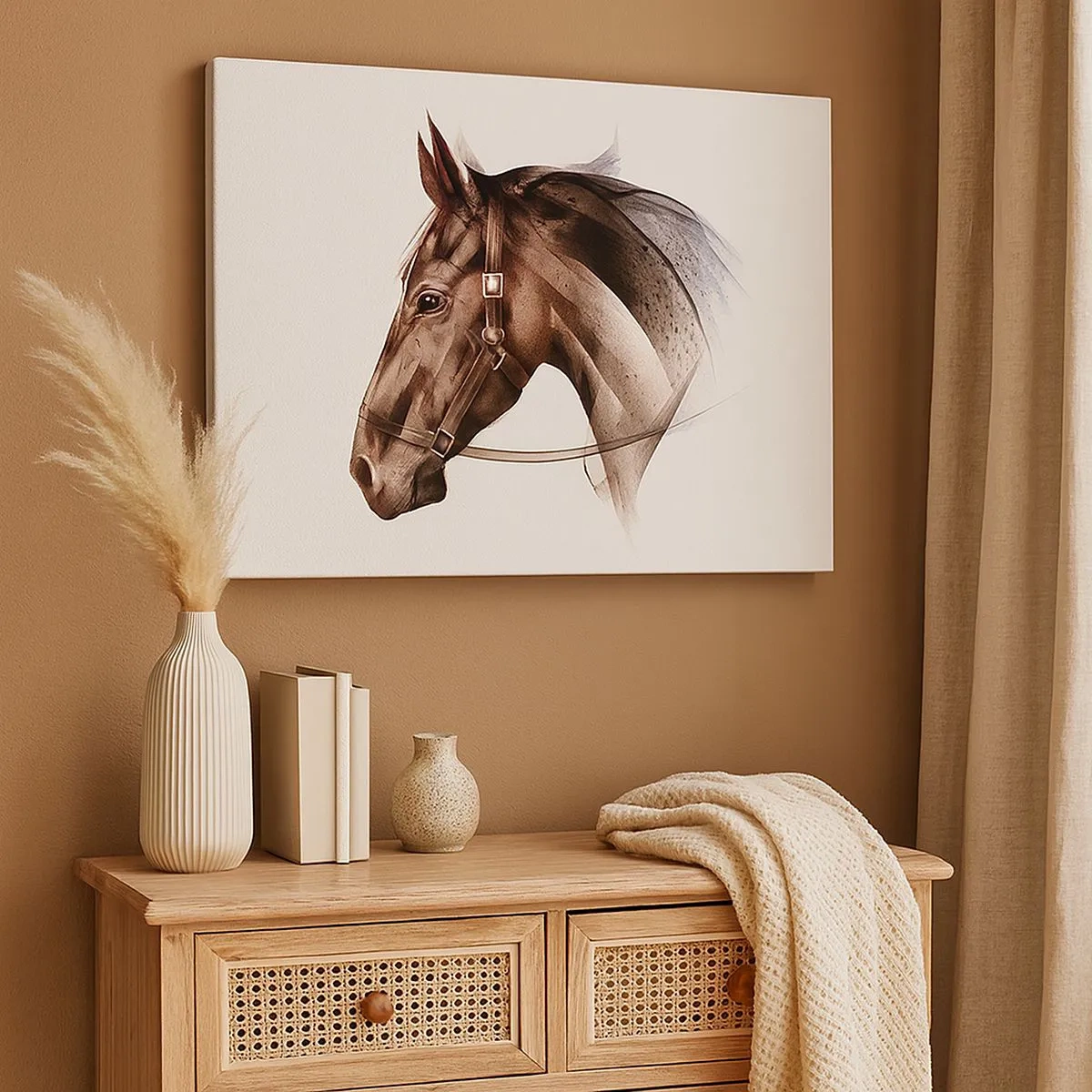 Impression sur toile - Image sur toile - Un profil de cheval dans une forme artistique délicate sur fond blanc - 70x50cm - Quelle grâce - Décoration murale moderne pour le salon et la chambre ARTTOR