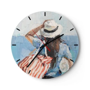 Horloge murale - Pendule murale - Une peinture d'été d'une femme portant un chapeau sur fond de mer - 30x30cm - Bienvenue à vos vacances - Décoration murale moderne pour le salon, la cuisine et la chambre ARTTOR