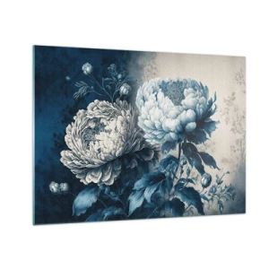 Impression sur verre - Image sur verre - Pivoines bicolores dans les tons bleu et beige sur fond vintage - 70x50cm - Paire assortie - Décoration murale moderne pour le salon et la chambre ARTTOR
