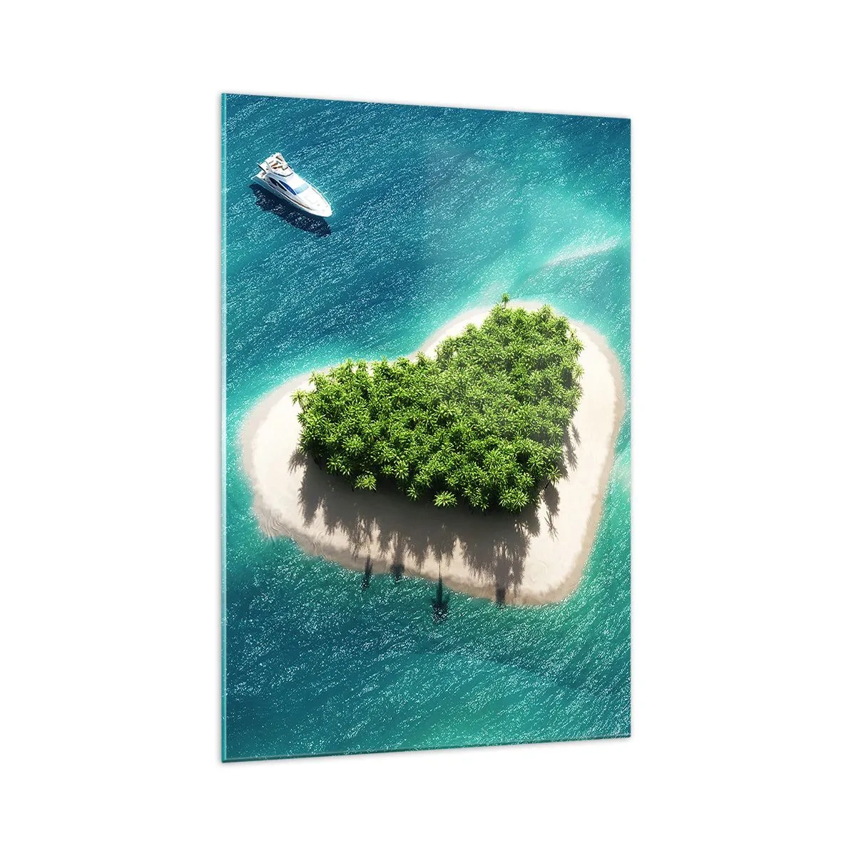 Impression sur verre - Image sur verre - Une île romantique en forme de cœur dans une mer turquoise - 70x100cm - J'aime l'été - Décoration murale moderne pour le salon et la chambre ARTTOR