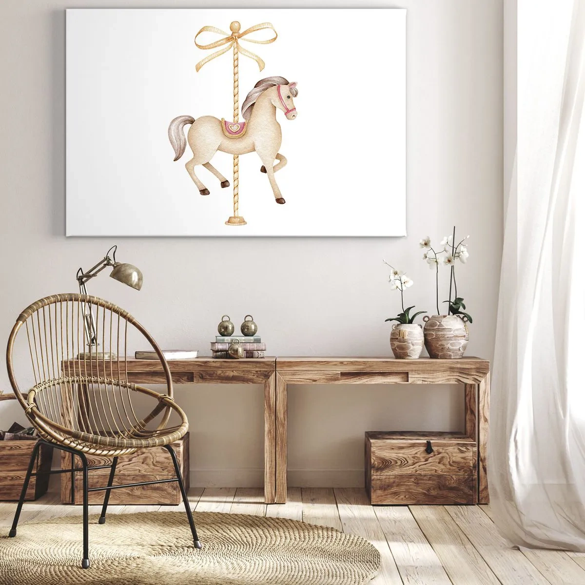Impression sur toile - Image sur toile - Un cheval de carrousel avec un arc dans des pastels délicats - 120x80cm - Un trot gracieux - Décoration murale moderne pour le salon et la chambre ARTTOR