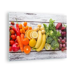 Impression sur verre - Image sur verre - Fruits et légumes colorés disposés sur une table en bois - 70x50cm - Ce n'est pas suffisant? - Décoration murale moderne pour le salon et la chambre ARTTOR
