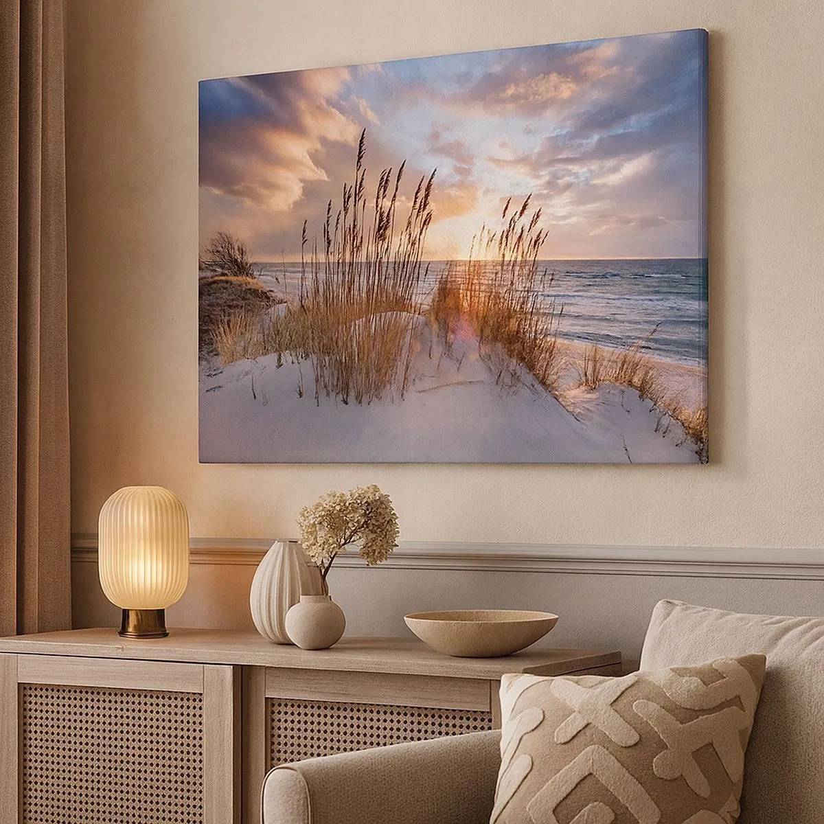 Impression sur toile - Image sur toile - Dunes avec des herbes sur fond de soleil couchant - 70x50cm - Salutations du soleil et du vent - Décoration murale moderne pour le salon et la chambre ARTTOR