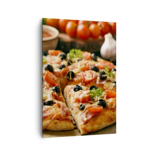 Impression sur toile - Image sur toile - Pizza aux tomates, olives et herbes fraîches sur la table - 70x100cm - Tu t'en es encore tiré - Décoration murale moderne pour le salon et la chambre ARTTOR