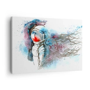 Impression sur toile - Image sur toile - Un cosmonaute dans une aquarelle dynamique avec des détails cosmiques - 70x50cm - Seul avec l'espace - Décoration murale moderne pour le salon et la chambre ARTTOR