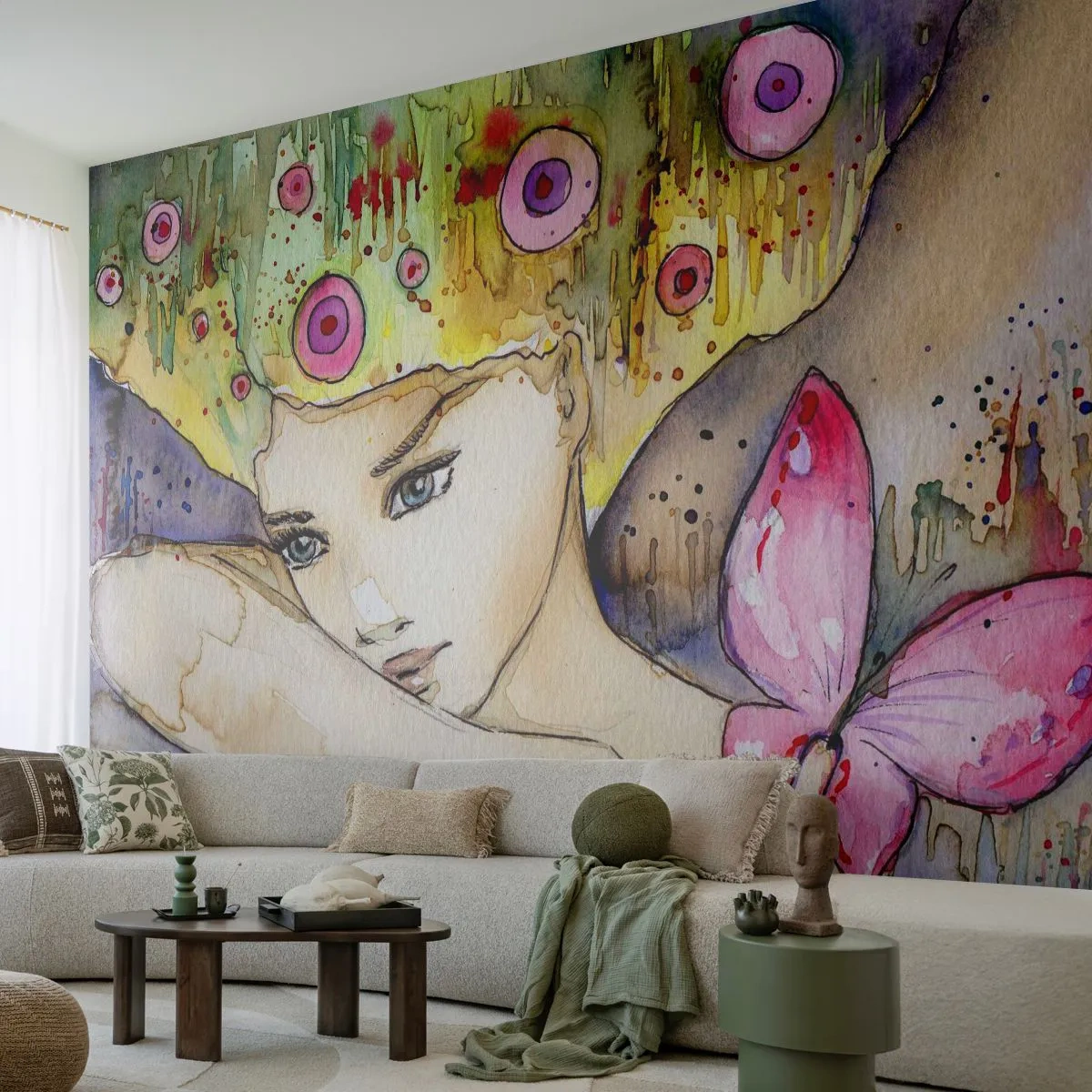 Papier Peint Photo Premium Sand - La princesse papillon - Abstraction, Femme, Aquarelles - 200x140 cm