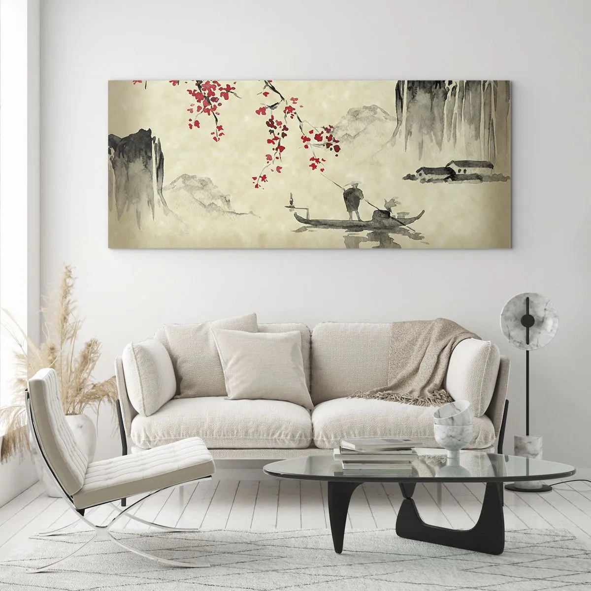 Impression sur verre - Image sur verre - Illustration orientale avec un bateau et une branche fleurie - 140x50cm - Au pays des cerisiers en fleurs - Décoration murale moderne pour le salon et la chambre ARTTOR