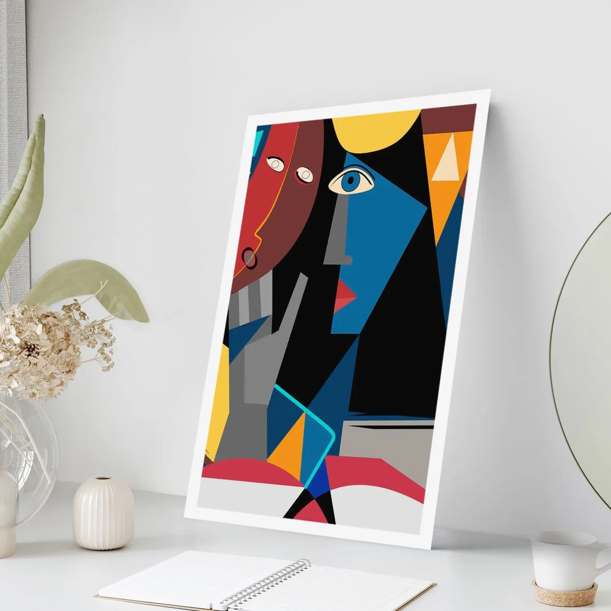 Affiche - Poster - Abstraction cubiste d'un visage aux couleurs vives - 50x70cm - Une conversation entre cubistes - Décoration murale moderne pour le salon et la chambre ARTTOR