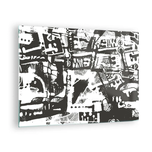 Impression sur verre - Image sur verre - Abstraction en noir et blanc avec des motifs géométriques et techniques - 70x50cm - Ordre ou chaos? - Décoration murale moderne pour le salon et la chambre ARTTOR