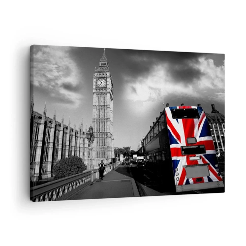 Impression sur toile - Image sur toile - Big Ben et un bus avec un drapeau britannique sur fond noir et blanc - 70x50cm - Fière et grande - Décoration murale moderne pour le salon et la chambre ARTTOR