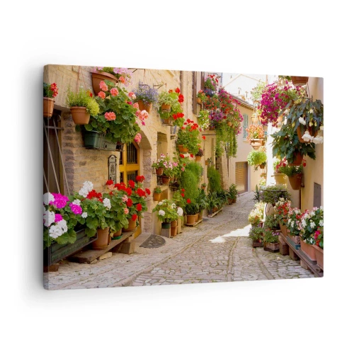Impression sur toile - Image sur toile - Une rue avec des pots de fleurs et des murs de pierre - 70x50cm - Une inondation de fleurs - Décoration murale moderne pour le salon et la chambre ARTTOR