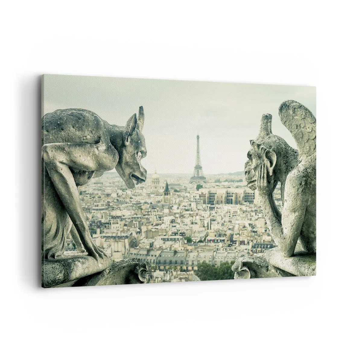 Impression sur toile - Image sur toile - Gargouilles surplombant les toits de Paris et la Tour Eiffel - 120x80cm - Bavardage parisien - Décoration murale moderne pour le salon et la chambre ARTTOR