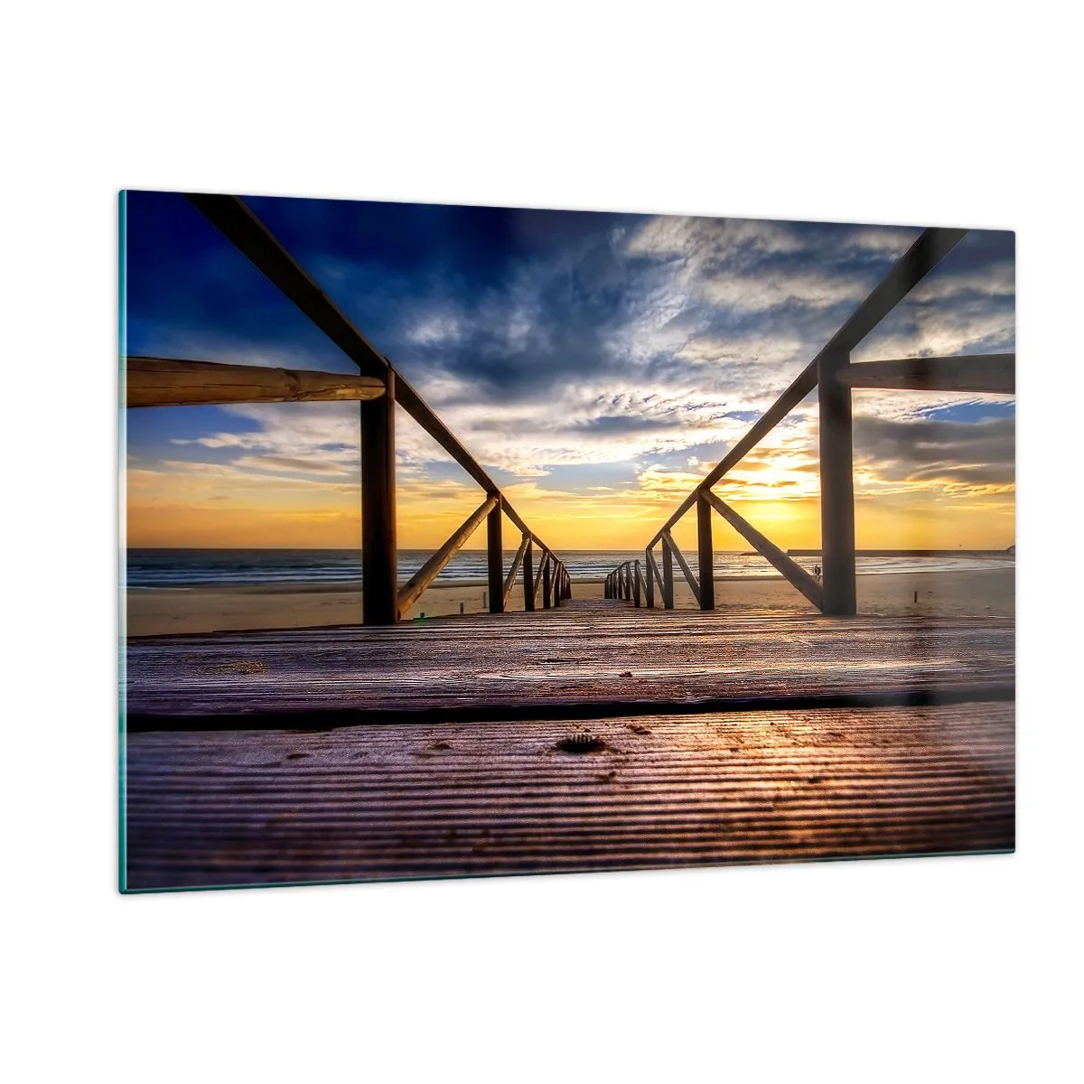 Impression sur verre - Image sur verre - Jetée menant à la plage au coucher du soleil - 120x80cm - Directement sur une plage calme au coucher de soleil - Décoration murale moderne pour le salon et la chambre ARTTOR