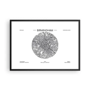 Affiche dans un cadre noir - Poster - Une carte minimaliste en noir et blanc de Birmingham avec des détails précis. - 70x50cm - Anatomie de Birmingham - Décoration murale moderne pour le salon et la chambre ARTTOR