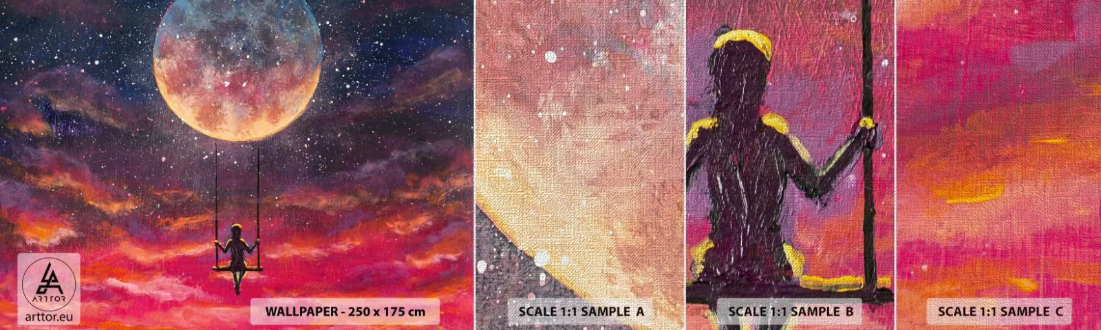 Échantillon de Papier Peint Premium Canvas - Se balancer dans les nuages - Abstraction, Fantaisie, Lune - 100x30 cm