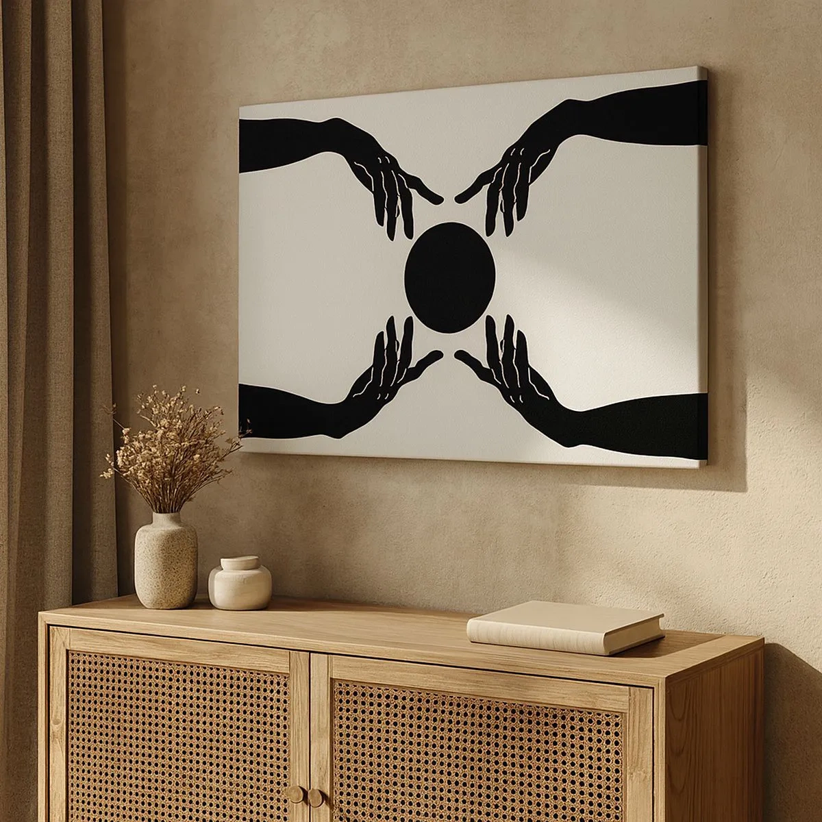 Impression sur toile - Image sur toile - Mains noires dans une composition symétrique avec une boule - 70x50cm - Signe secret - Décoration murale moderne pour le salon et la chambre ARTTOR