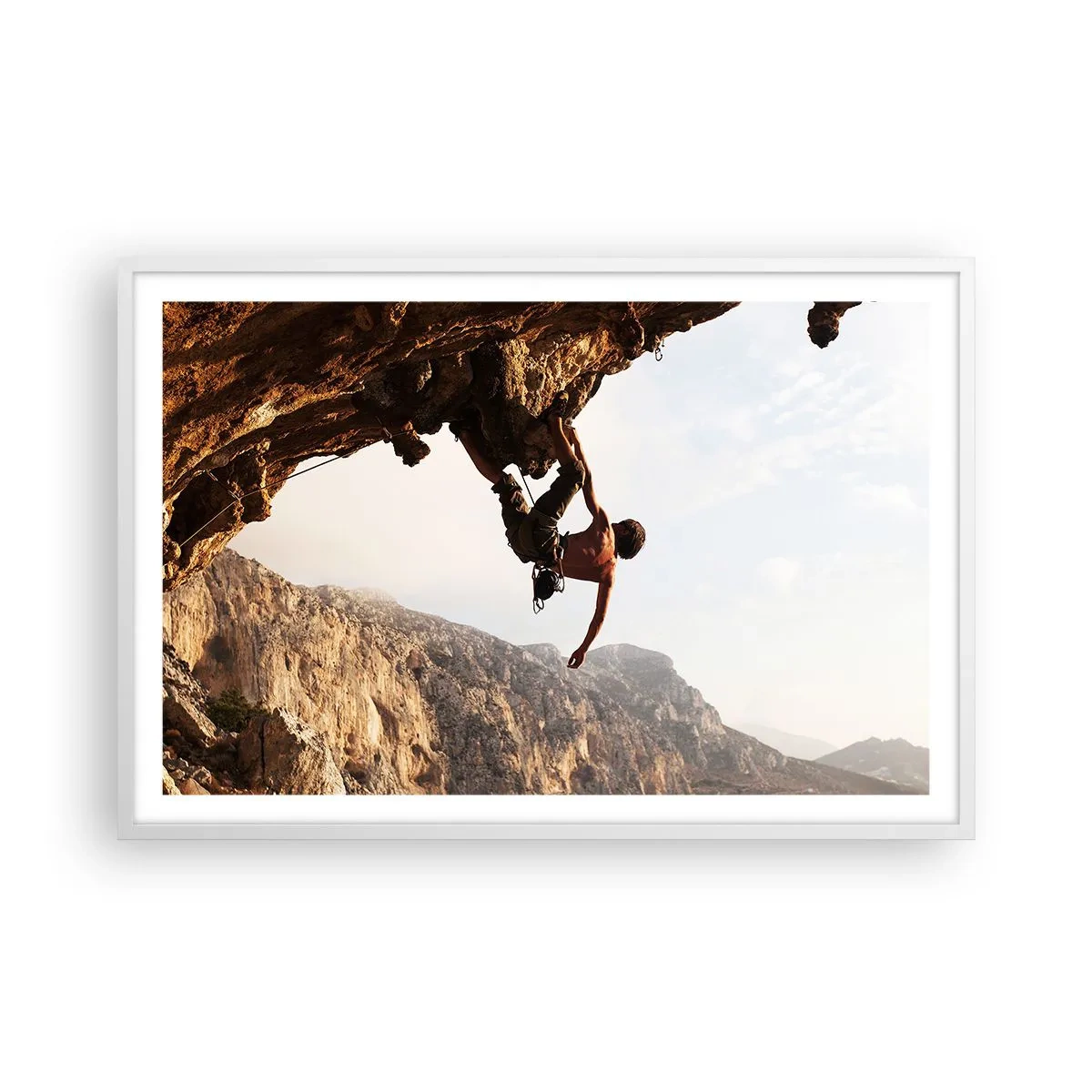 Affiche dans un cadre blanc - Poster - Le monde rétréci dans une main sur une coupe de rocher - 91x61 cm