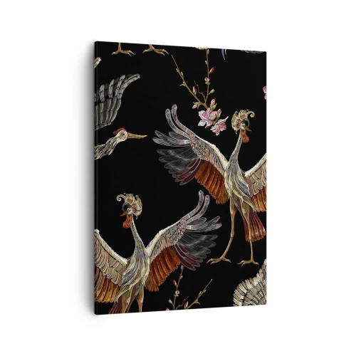 Impression sur toile - Image sur toile - Grues et fleurs élégantes sur fond noir - 50x70cm - Un oiseau de conte de fées - Décoration murale moderne pour le salon et la chambre ARTTOR