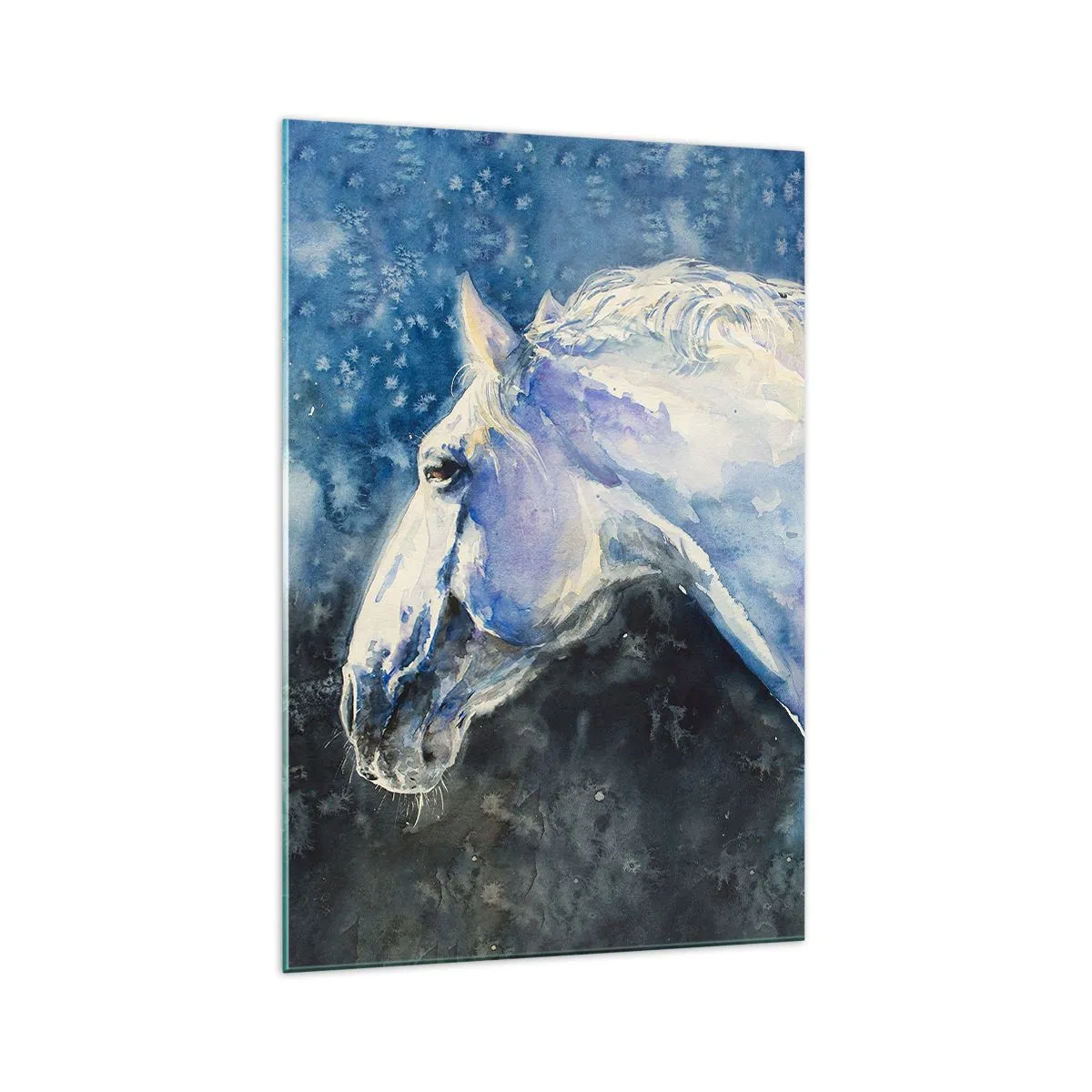 Impression sur verre - Image sur verre - Portrait d'un cheval dans des tons de bleu avec un effet aquarelle pictural. - 70x100cm - Portrait dans une lueur azur - Décoration murale moderne pour le salon et la chambre ARTTOR