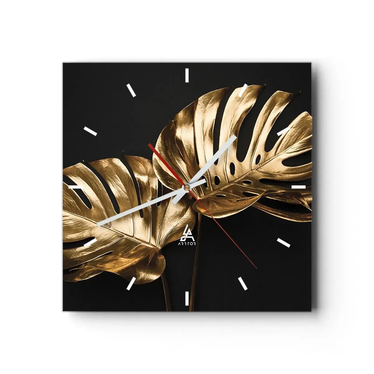 Horloge murale - Pendule murale - Feuilles de monstera dorées sur fond noir - 30x30cm - Les trésors de la nature - Décoration murale moderne pour le salon et la chambre ARTTOR