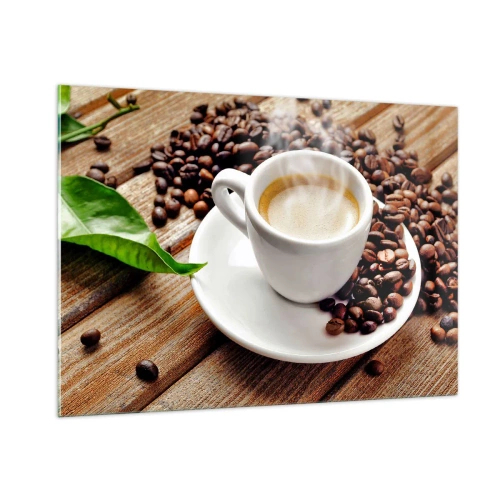 Impression sur verre - Image sur verre - Une tasse de café entourée de grains sur une table en bois - 100x70cm - Café sur un banc - Décoration murale moderne pour le salon et la chambre ARTTOR