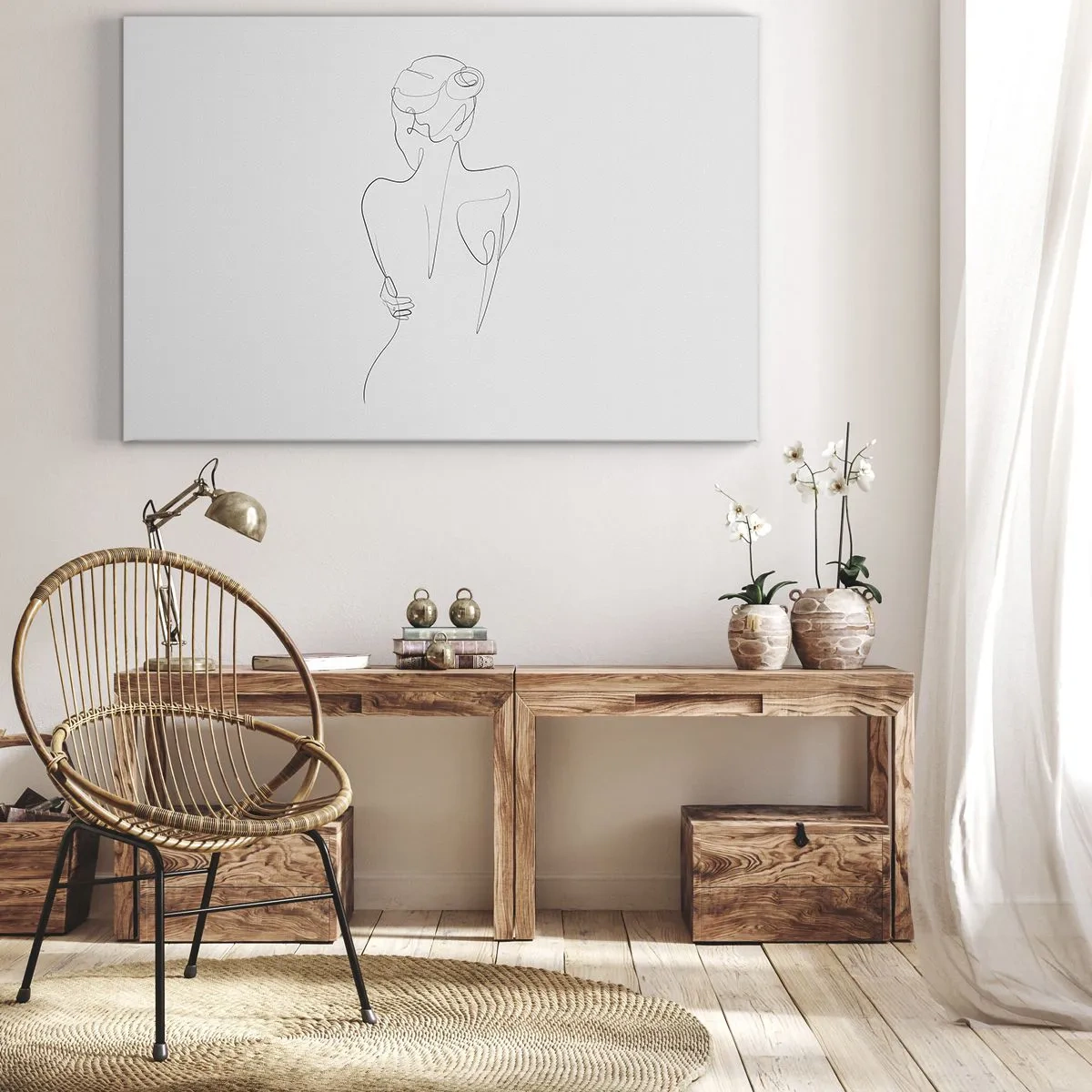 Impression sur toile - Image sur toile - Une ligne de contour montrant une silhouette féminine sur un fond clair - 100x70cm - Musique corporelle - Décoration murale moderne pour le salon et la chambre ARTTOR