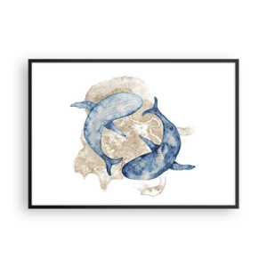 Affiche dans un cadre noir - Poster - Baleines bleues abstraites sur fond clair - 100x70cm - Amis ou amoureux? - Décoration murale moderne pour le salon et la chambre ARTTOR