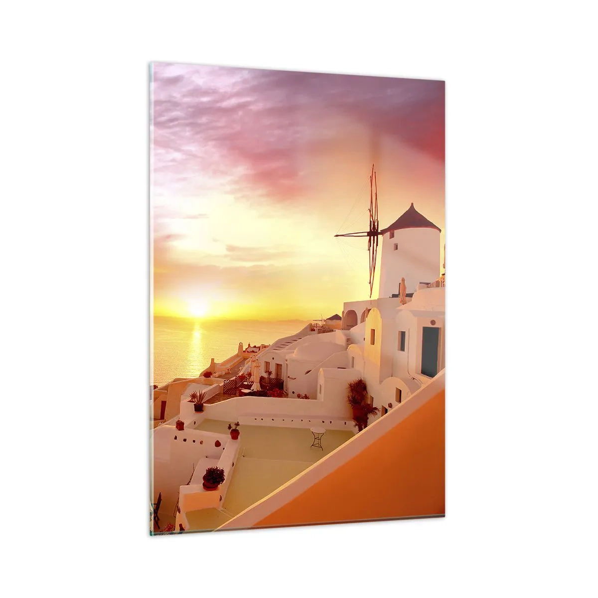Impression sur verre - Image sur verre - Coucher de soleil sur Santorin avec des bâtiments blancs et un moulin à vent - 50x70cm - Fondre en blanc et or - Décoration murale moderne pour le salon et la chambre ARTTOR