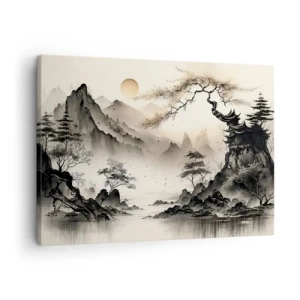 Impression sur toile - Image sur toile - Un paysage oriental avec des montagnes et une pagode aux nuances délicates. - 70x50cm - Le charme unique de l'Orient - Décoration murale moderne pour le salon et la chambre ARTTOR