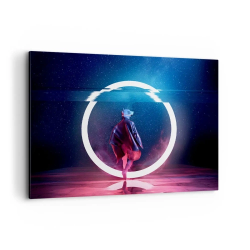 Impression sur toile - Image sur toile - Un personnage dans un environnement futuriste avec un cercle de néon - 100x70cm - Entre deux mondes - Décoration murale moderne pour le salon et la chambre ARTTOR