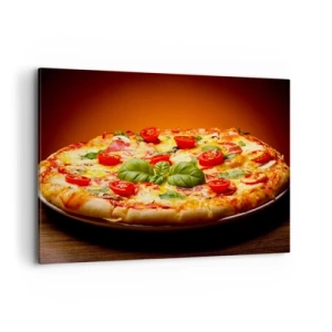 Impression sur toile - Image sur toile - Pizza aux tomates et au basilic sur une table en bois - 120x80cm - Mamma mia! - Décoration murale moderne pour le salon et la chambre ARTTOR