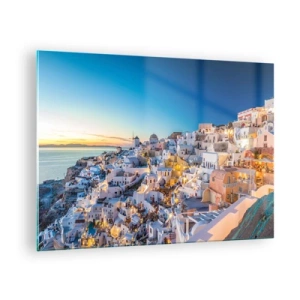 Impression sur verre - Image sur verre - Panorama de Santorin au coucher du soleil - 70x50cm - L'essence de la grecque - Décoration murale moderne pour le salon et la chambre ARTTOR