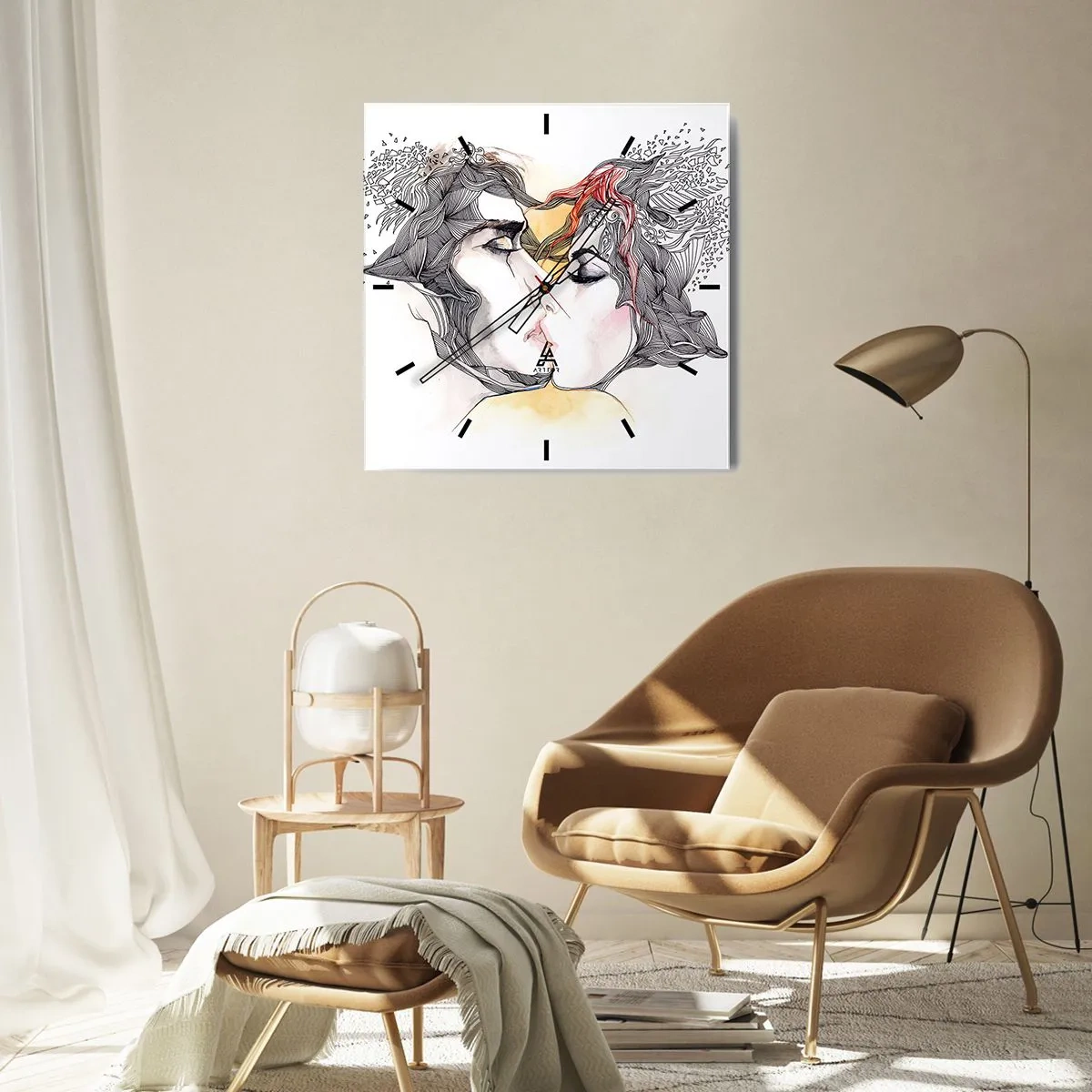 Horloge murale - Pendule murale - Portrait artistique d'un couple avec des motifs de cheveux abstraits - 30x30cm - Le monde n'existe pas - Décoration murale moderne pour le salon et la chambre ARTTOR