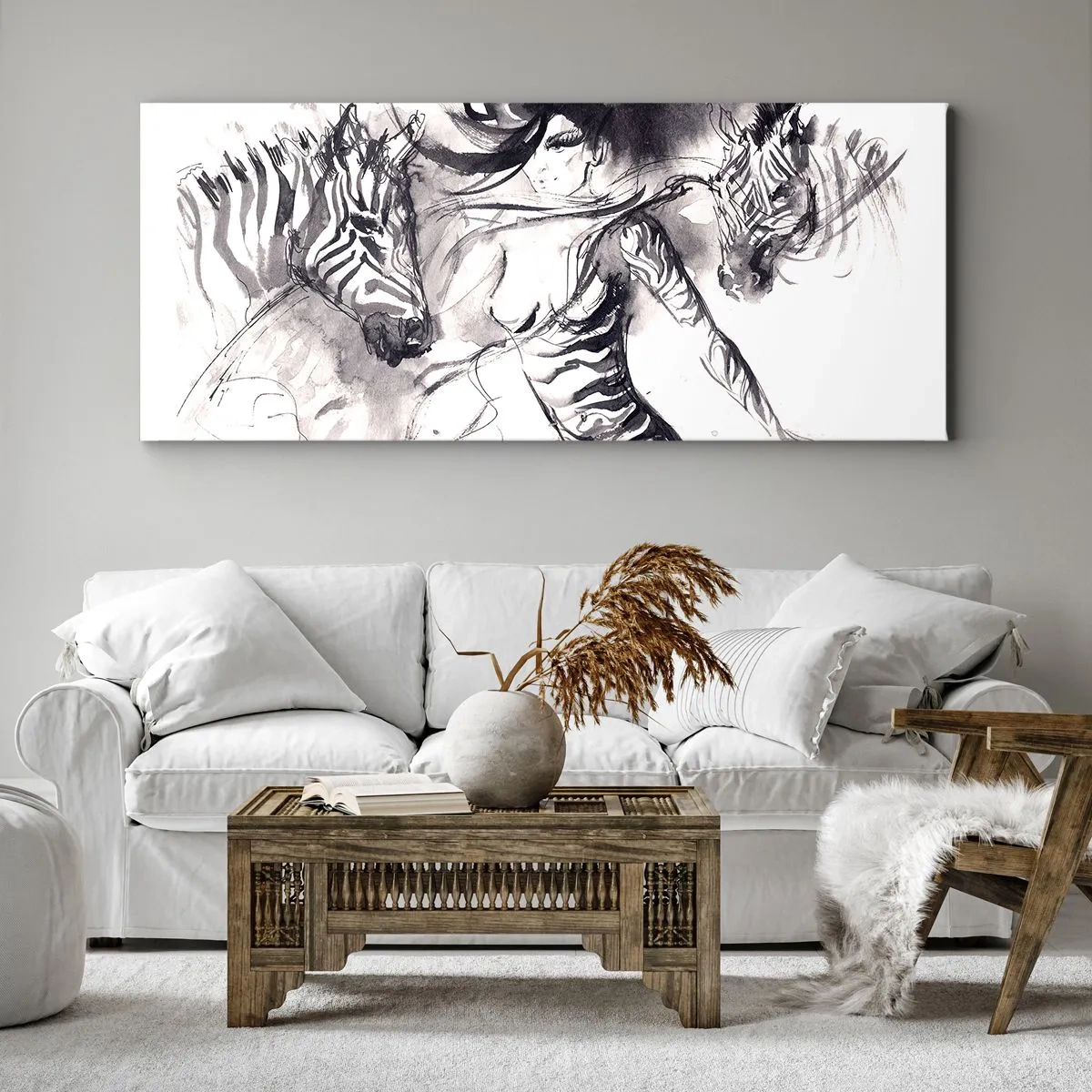 Impression sur toile - Image sur toile - Une femme dans une danse dynamique avec des zèbres dans une esthétique noir et blanc - 140x50cm - Danse avec les zèbres - Décoration murale moderne pour le salon et la chambre ARTTOR