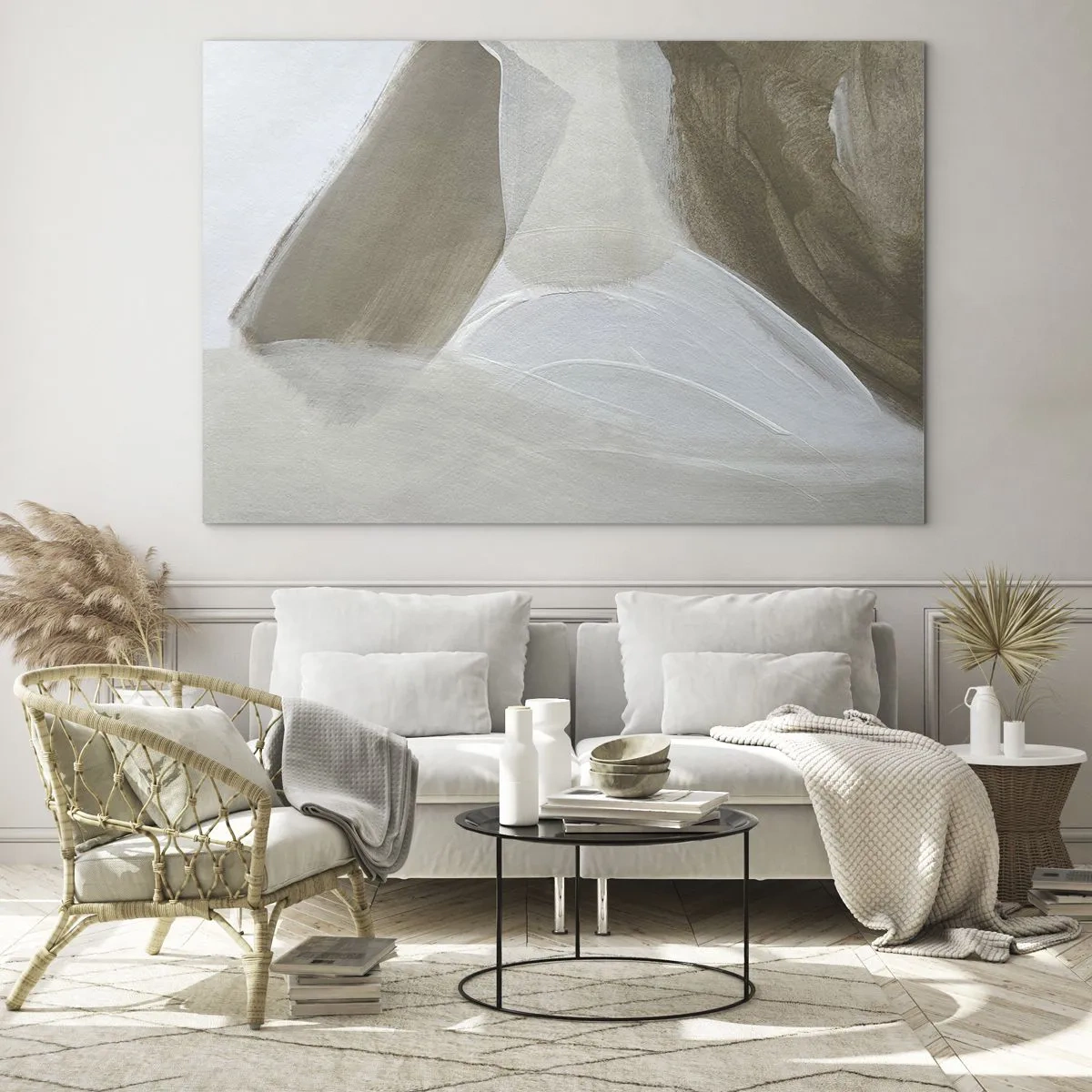Impression sur verre - Image sur verre - Une abstraction délicate en blanc et beige avec des traits doux. - 120x80cm - Une vague de blanc - Décoration murale moderne pour le salon et la chambre ARTTOR