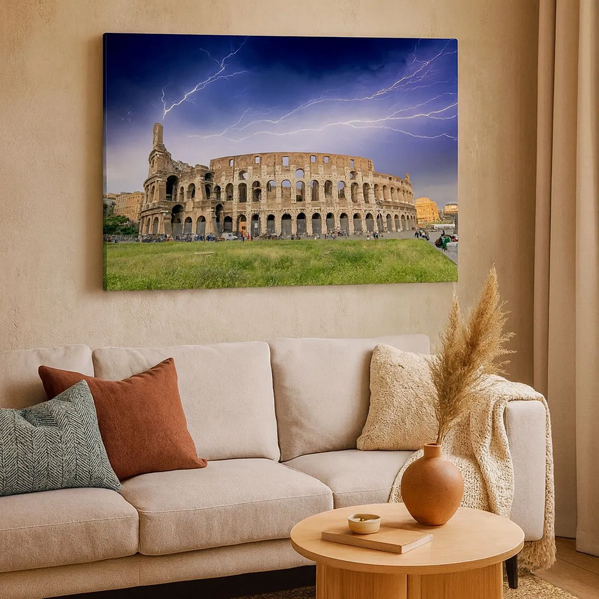 Impression sur toile - Image sur toile - Le Colisée de Rome illuminé par la foudre - 70x50cm - Arène de combat - Décoration murale moderne pour le salon et la chambre ARTTOR