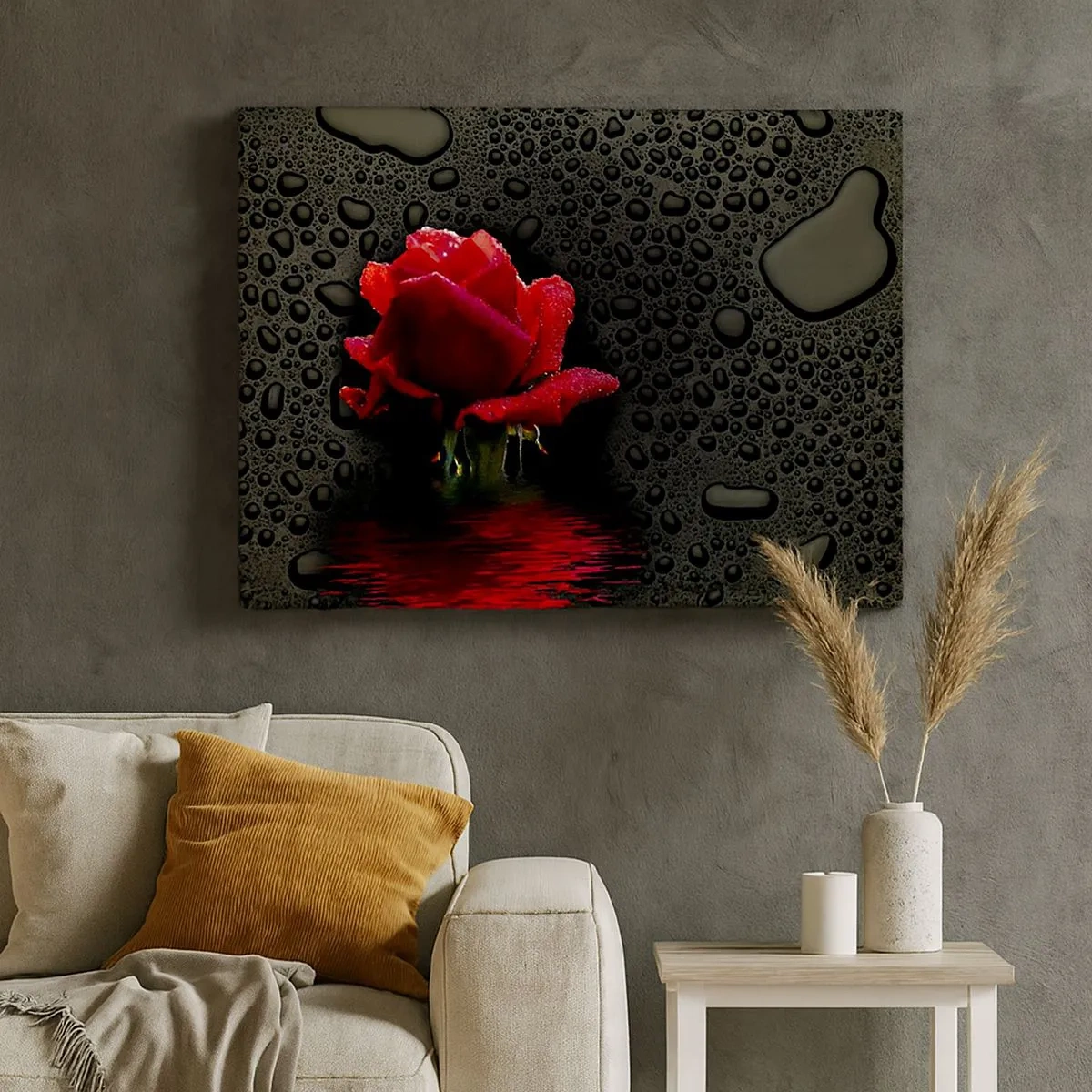 Impression sur toile - Image sur toile - Rose rouge avec des gouttes d'eau sur un fond sombre - 70x50cm - Rouge et noir - Décoration murale moderne pour le salon et la chambre ARTTOR