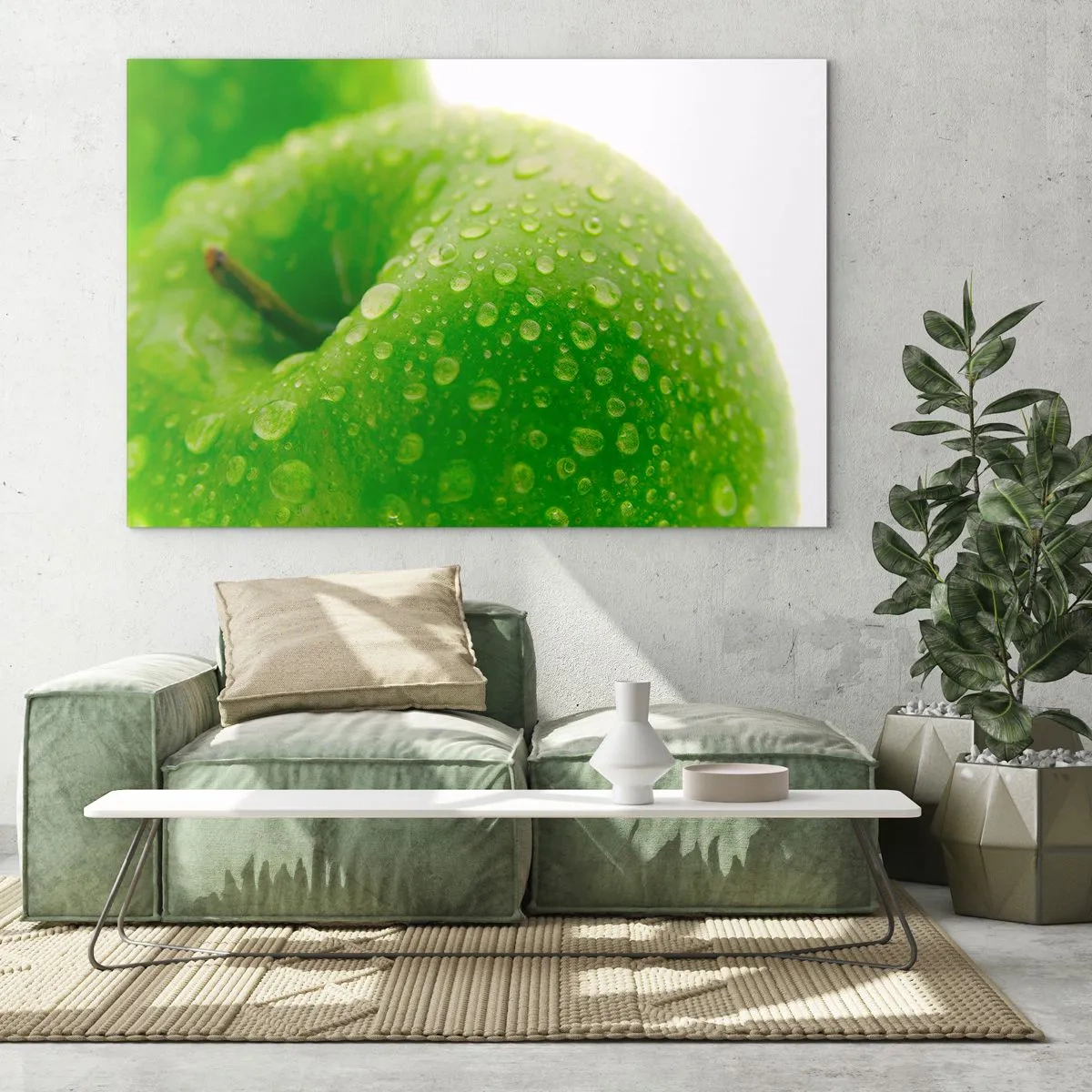 Impression sur verre - Image sur verre - Une pomme verte couverte de gouttes d'eau - 70x50cm - Fraîcheur de verdure fraîche - Décoration murale moderne pour le salon et la chambre ARTTOR