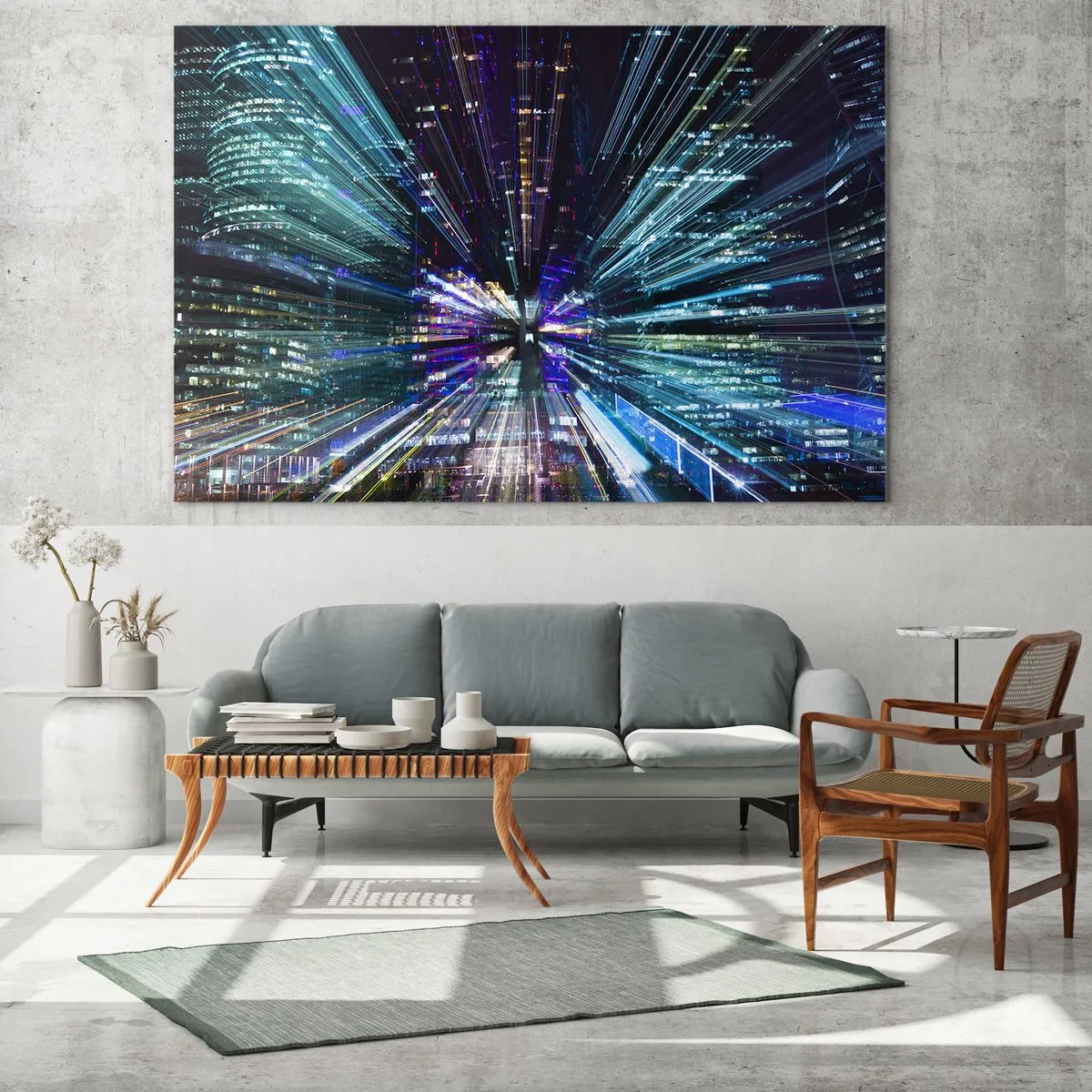 Impression sur verre - Image sur verre - Lignes lumineuses dynamiques sur fond de ville nocturne - 120x80cm - Transition vers l'hyperespace - Décoration murale moderne pour le salon et la chambre ARTTOR