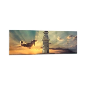 Impression sur verre - Image sur verre - Un phare au coucher du soleil contre le ciel - 160x50cm - Lumière - Bonté - Beauté - Décoration murale moderne pour le salon et la chambre ARTTOR