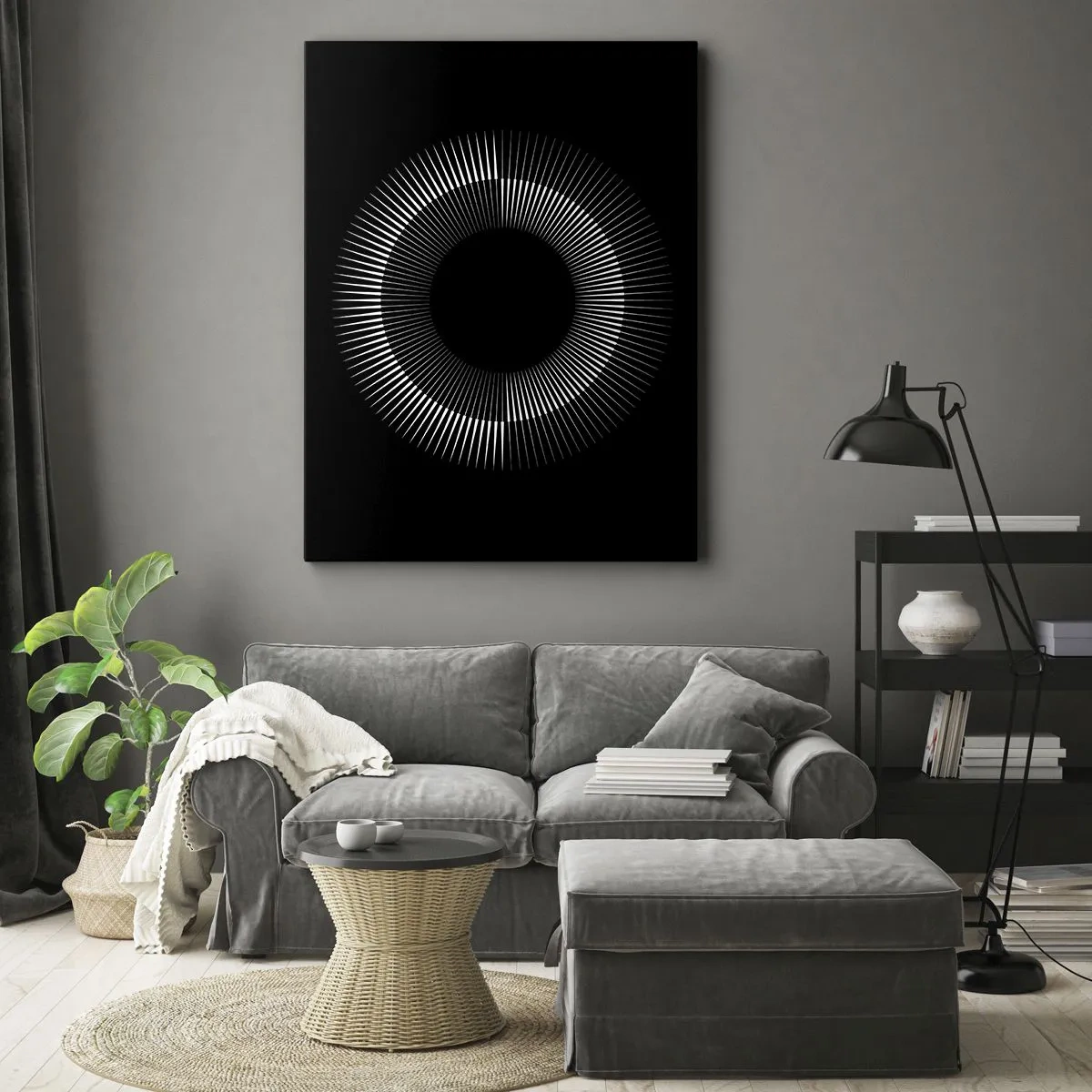 Impression sur toile - Image sur toile - Cercle graphique avec des rayons en noir et blanc - 50x70cm - Soleil noir - Décoration murale moderne pour le salon et la chambre ARTTOR