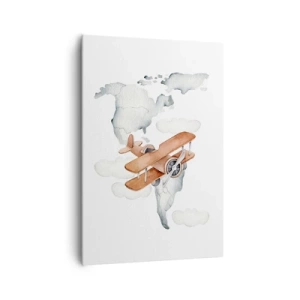 Impression sur toile - Image sur toile - Illustration d'une carte du monde avec des avions - 70x100cm - Dans un esprit pionnier - Décoration murale moderne pour le salon et la chambre ARTTOR