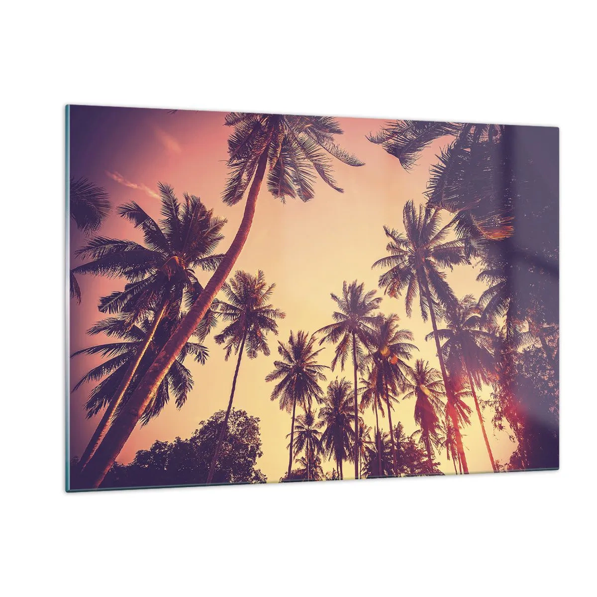 Impression sur verre - Image sur verre - Palmiers dans les rayons du soleil couchant - 120x80cm - Variation tropicale - Décoration murale moderne pour le salon et la chambre ARTTOR